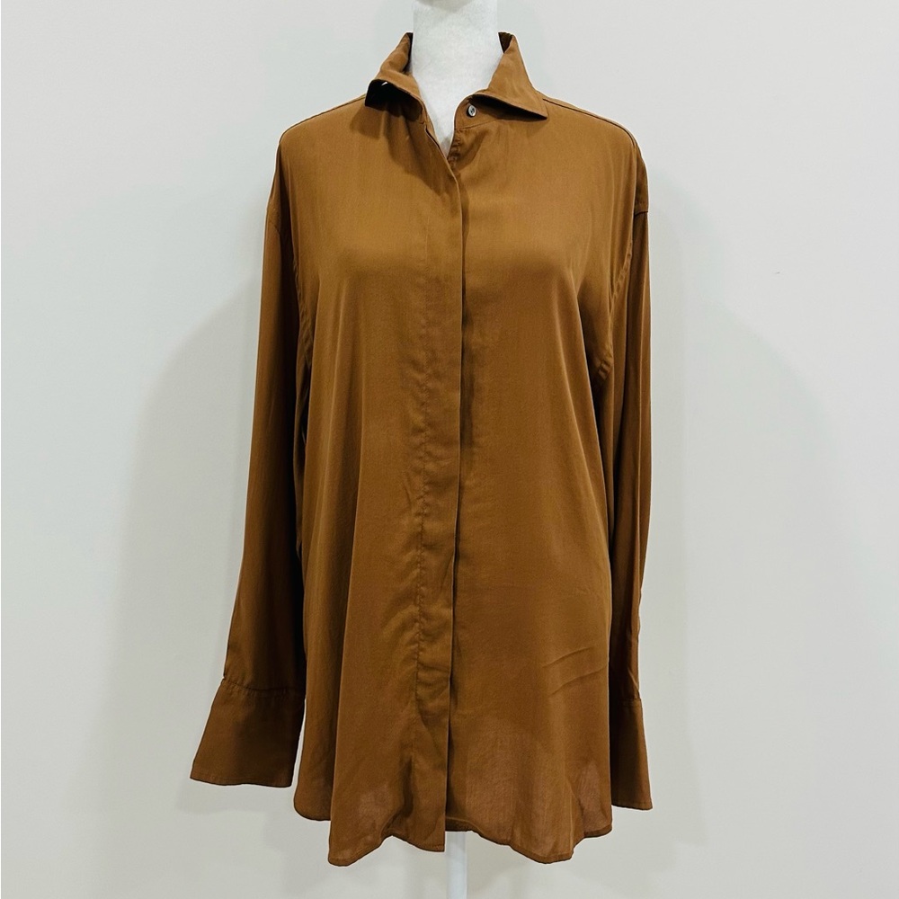 MNG Committed Women’s Brown Organic Cotton High Cuff Blouse Size 8